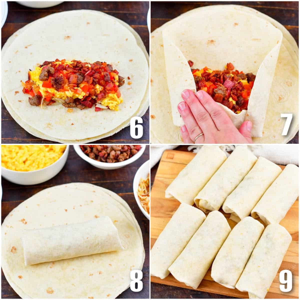 collage of four images of assembling and wrapping the burritos in tortilla.
