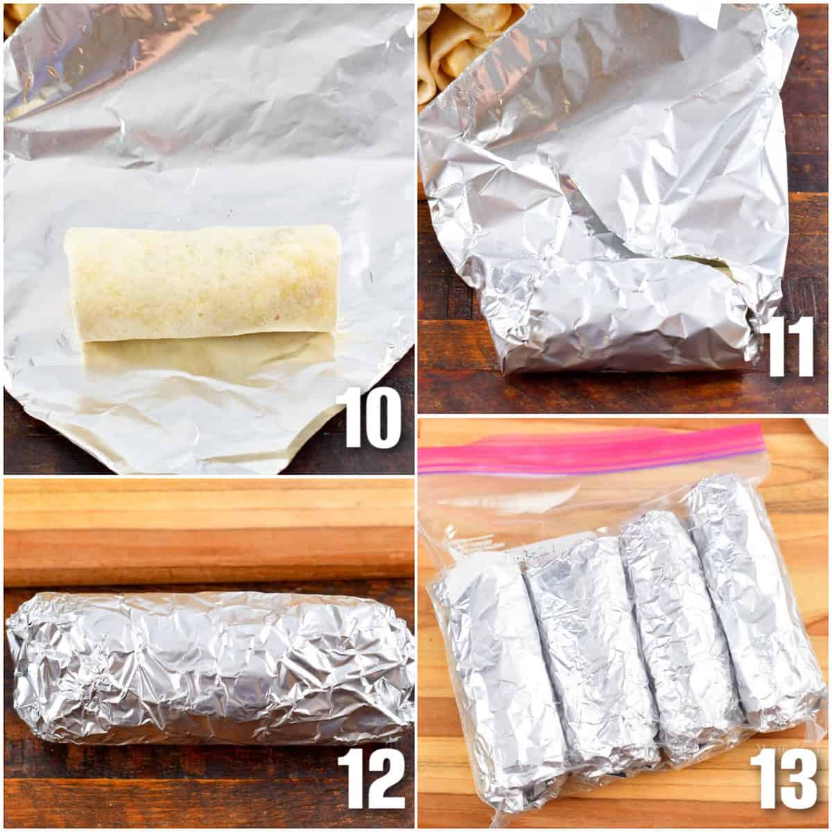 collage of four images of wrapping the rolled burritos into aluminum foil for storage.