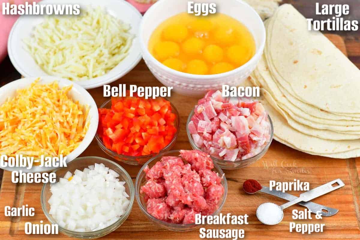 labeled ingredients to make breakfast burritos in cutting board.