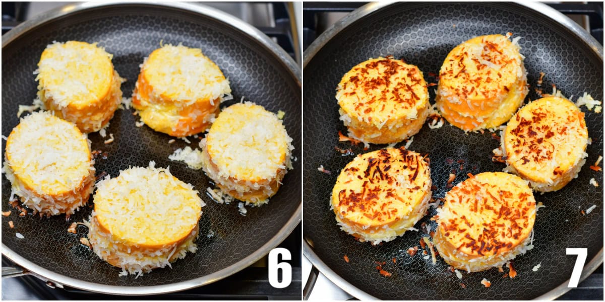 collage of cooking the coated and stuffed French toast slices in the pan.