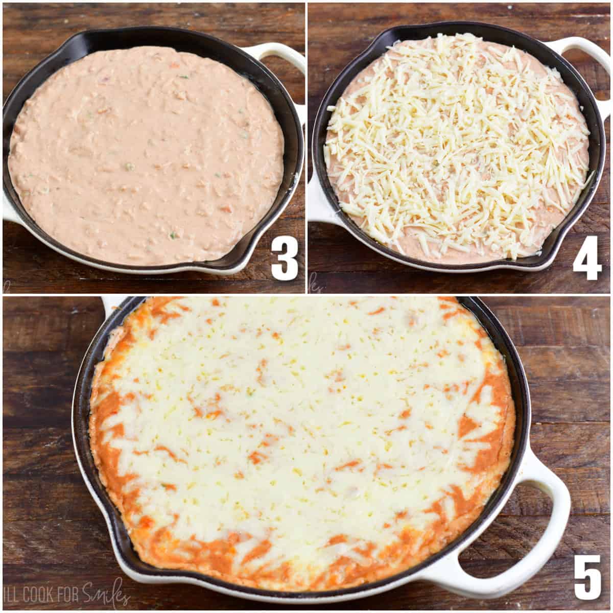 collage of three photos of spreading bean dip in a skillet, adding cheese, and after baking.