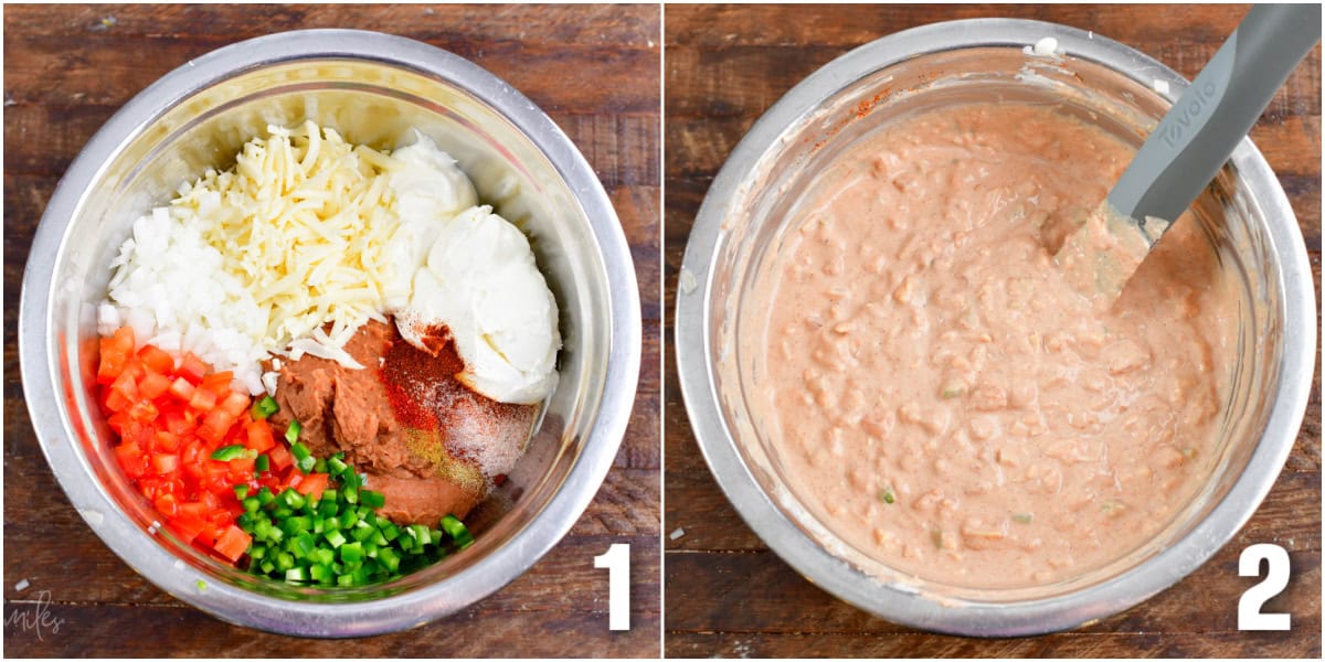 collage of two images of mixing the bean dip mixture in a bowl.