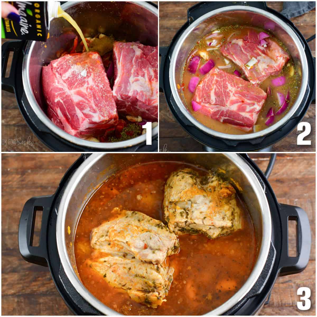 collage of three steps of cooking pork in Instant Pot for pulled pork.