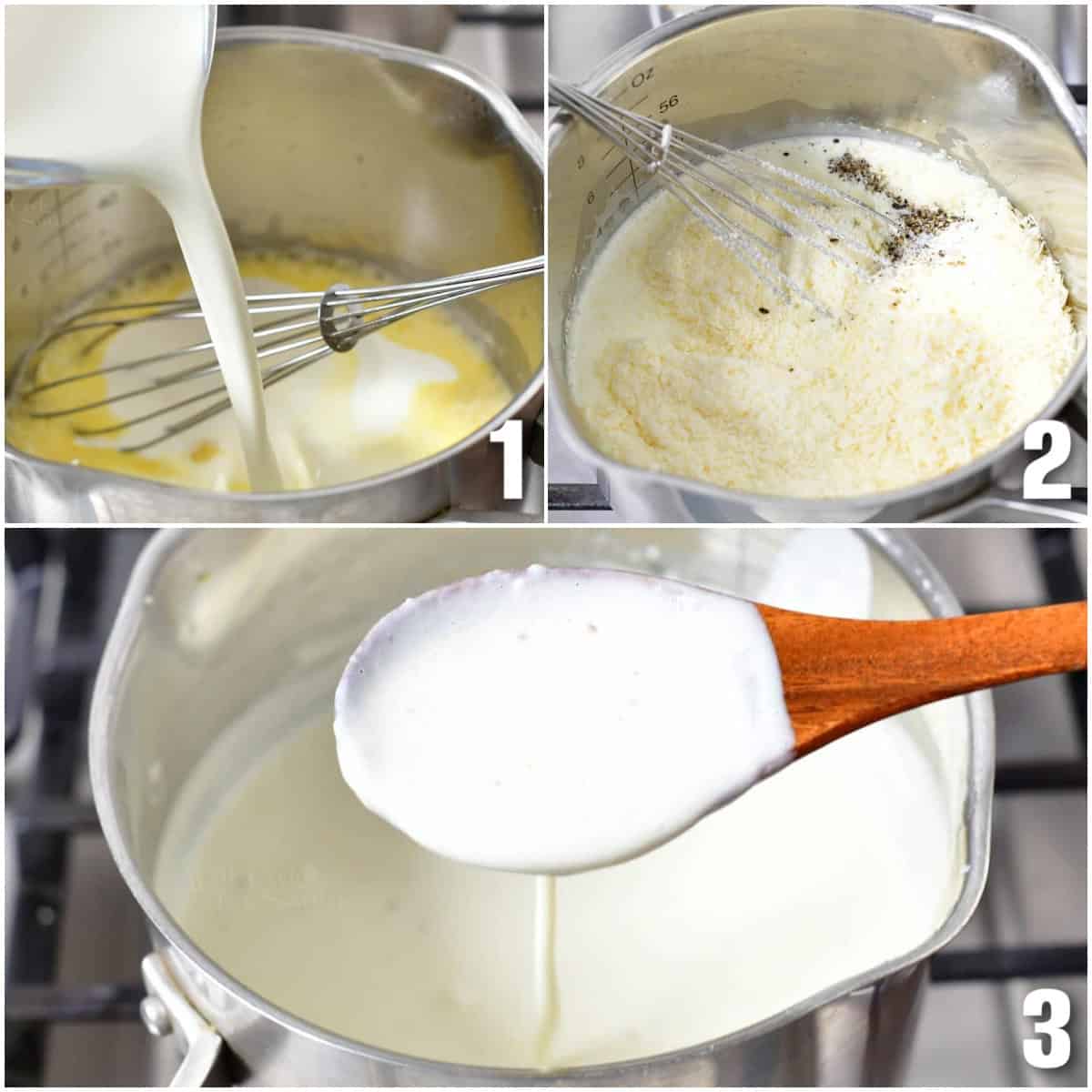 Collage of three photos of making alfredo sauce pouring in cream and mixing cheese into cream.