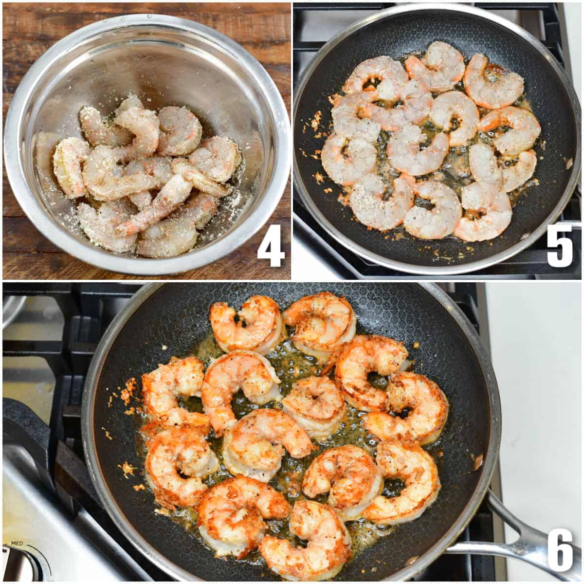 Collage of three images of seasoning shrimp in a bowl and then cooking it in a pan.