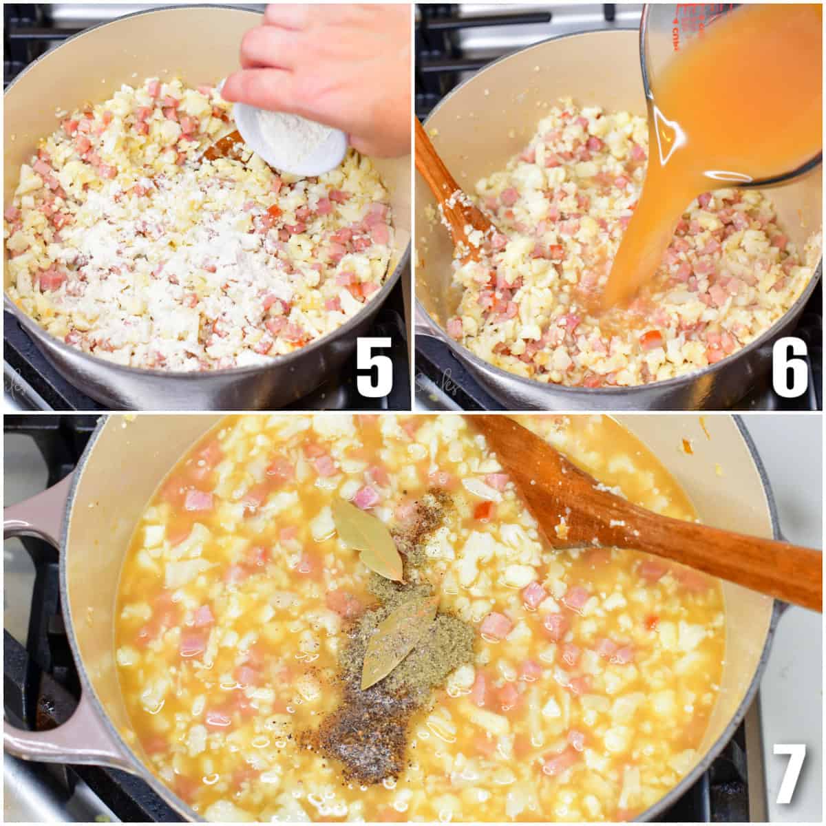 collage of three images of adding flour to veggies in a pot, then broth, and then seasoning.