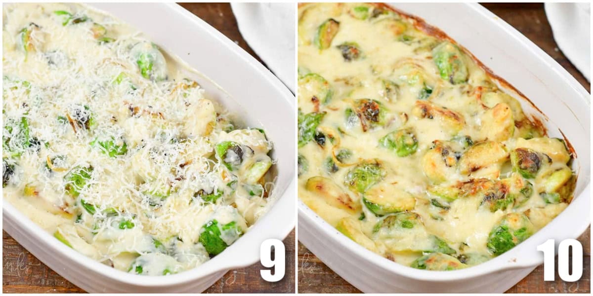 collage of two images of creamy brussels sprouts before and after baking.