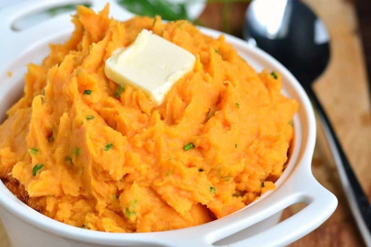 bowl full of soft and naturally sweet mashed potatoes made with sweet potatoes.