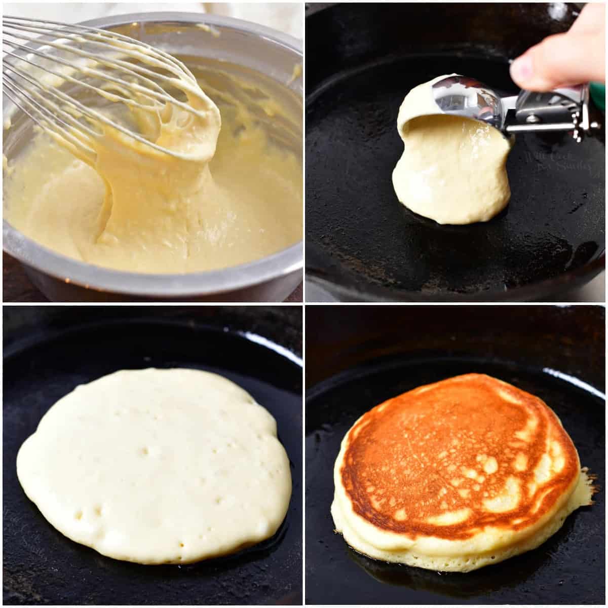 collage of four images of mixing the pancakes batter and cooking the pancake in a skillet.
