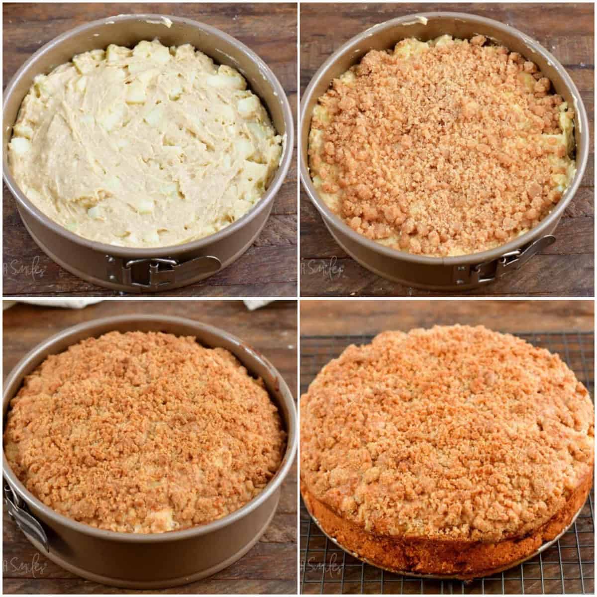 collage of four images of spreading apple cake batter in the pan and adding topping and baking.