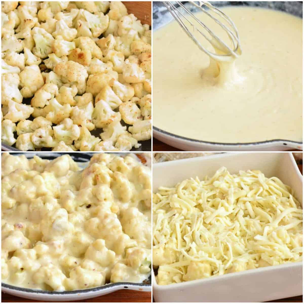 collage of four images of cooking steps to make cauliflower mac and cheese.
