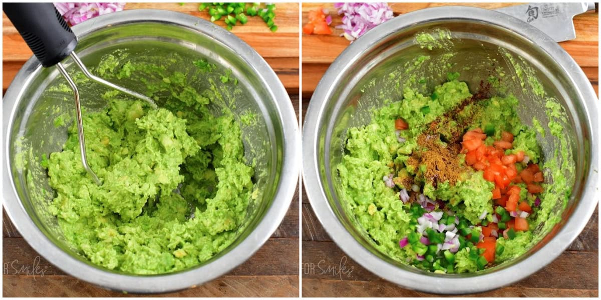 collage of two images of mashing the ripe avocado and then adding more veggie and seasoning.
