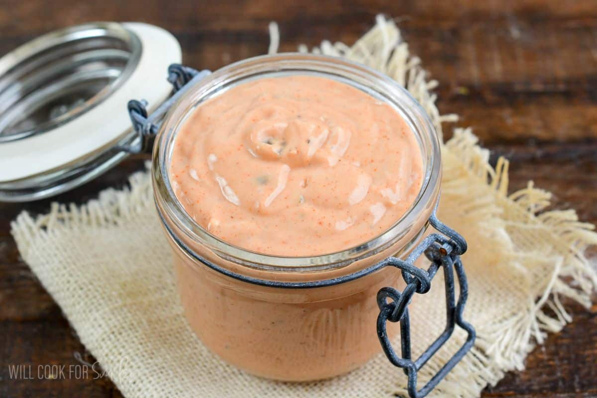 burger sauce in a jar with the lid open.