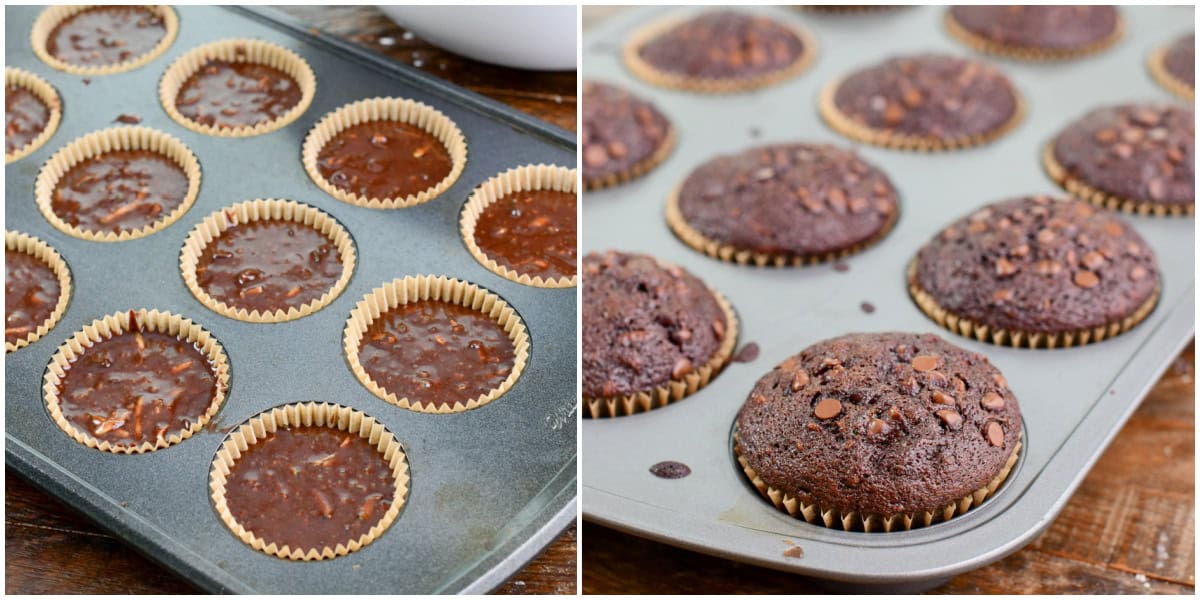 Collage of two images of muffins in a muffin tin before and after baking