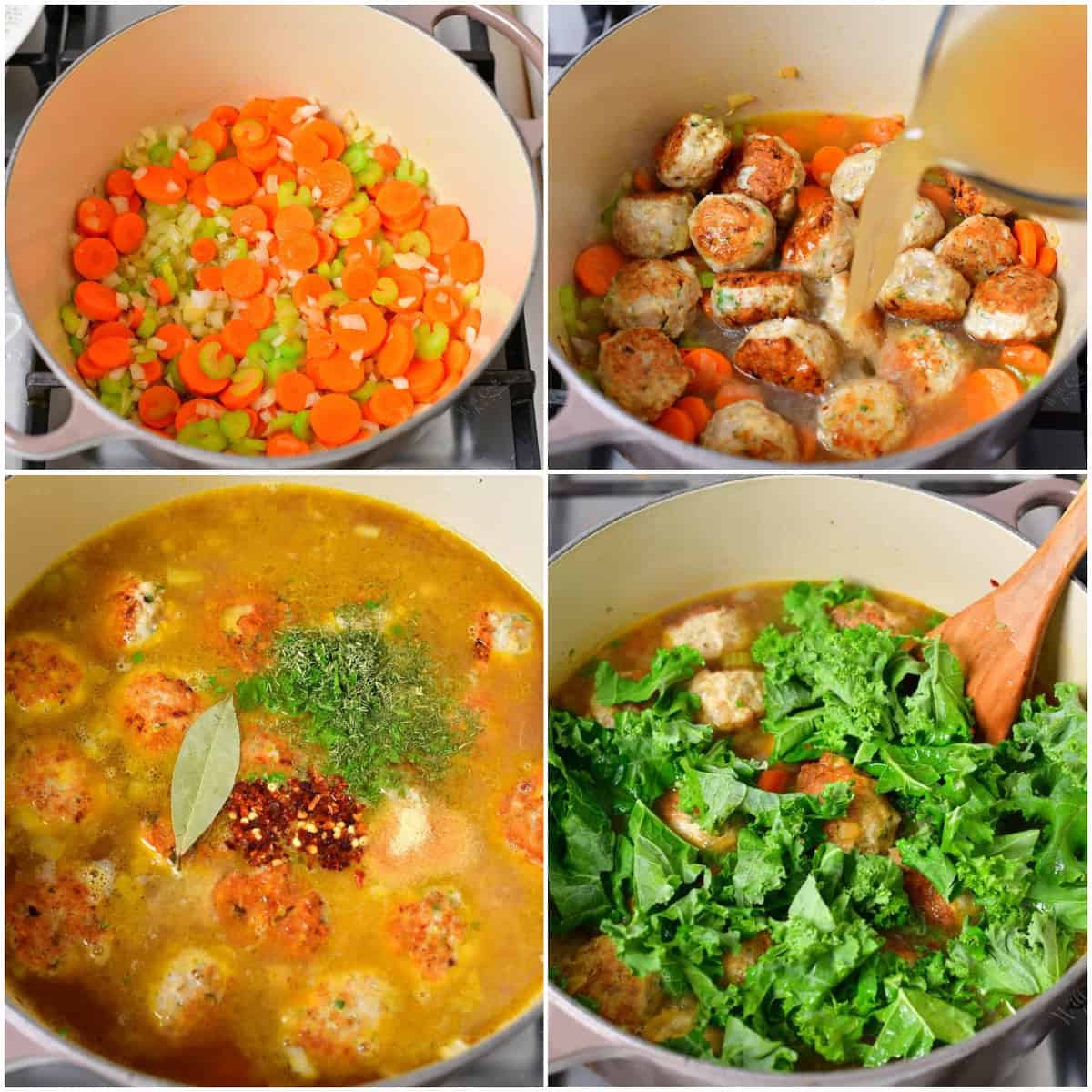 collage of four images of cooking the vegetables then adding meatballs, broth, seasoning, and kale to the soup pot.