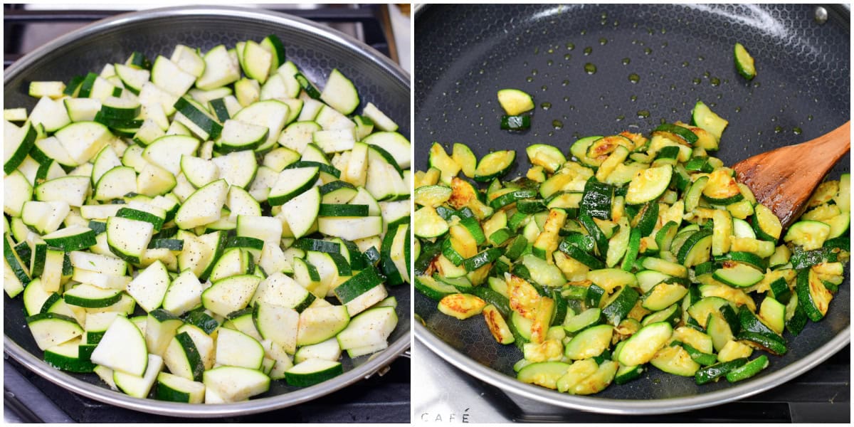 collage of two images of cooking zucchini in a pan.