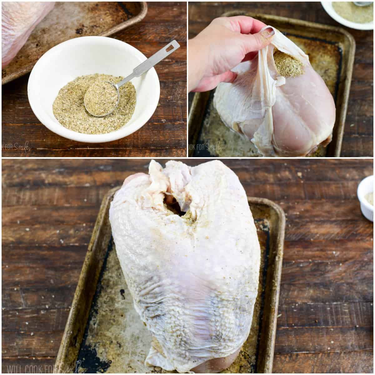 Collage of three images of seasoning in a bowl and dry brining turkey breast.