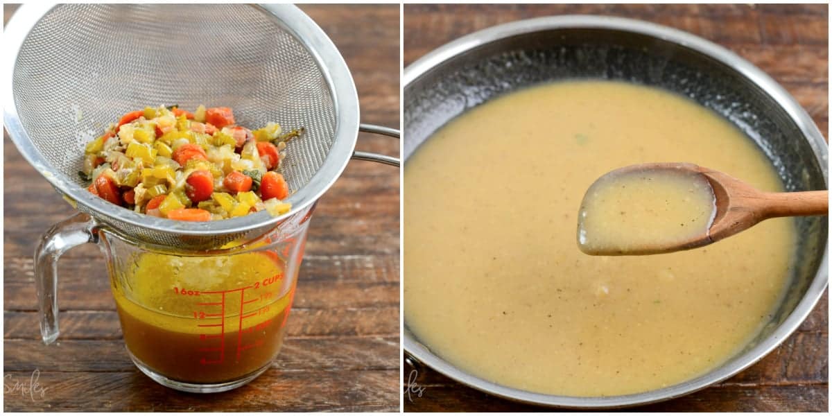 Collage of two images of draining the veggies for gravy and turkey gravy in a pain with a wooden spoon.