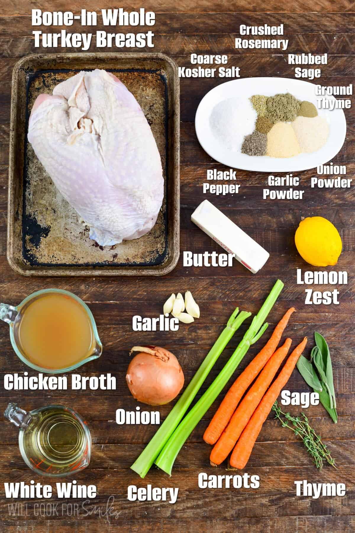 Labeled ingredients for herb roasted turkey breast on a wood surface.