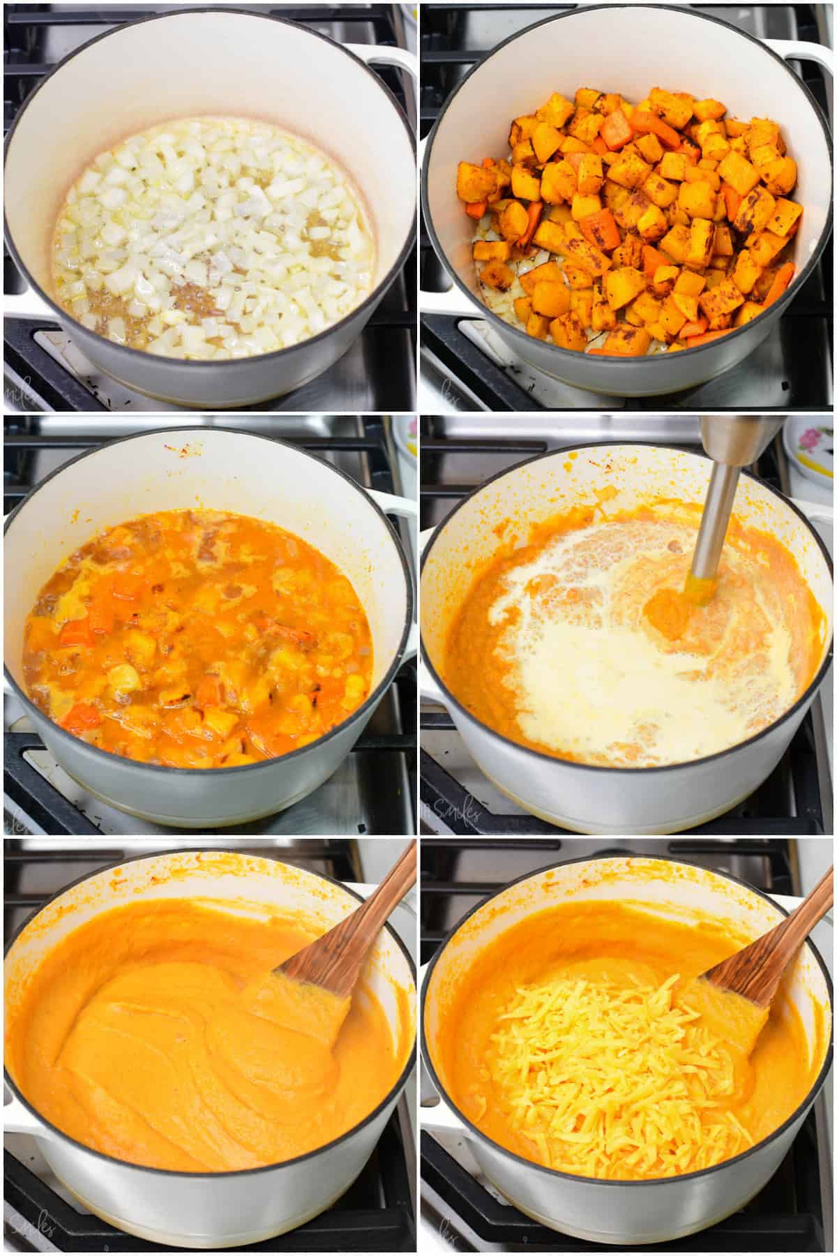 Collage of six images of steps for how to cook pumpkin soup.