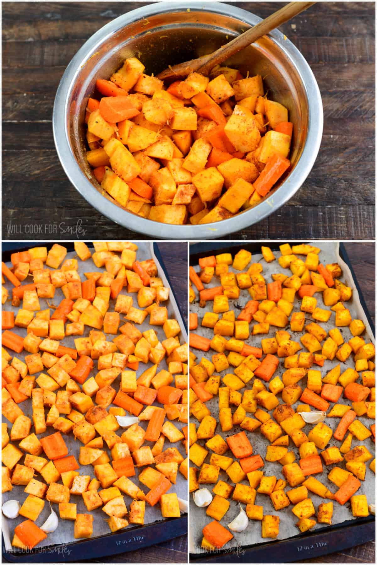 Collage of three images of roasting pumpkins on a baking sheet lined with parchment and the pumpkin in a bowl,