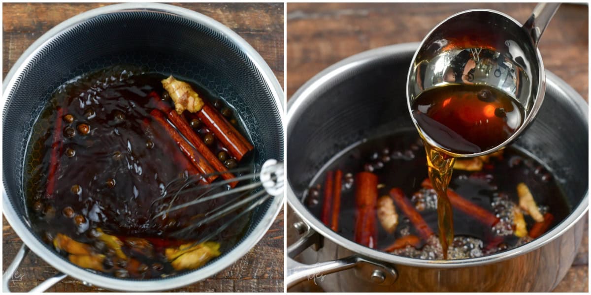 Collage of two images of cooking pumpkin pie syrup and pouring sryup out of a laddle.