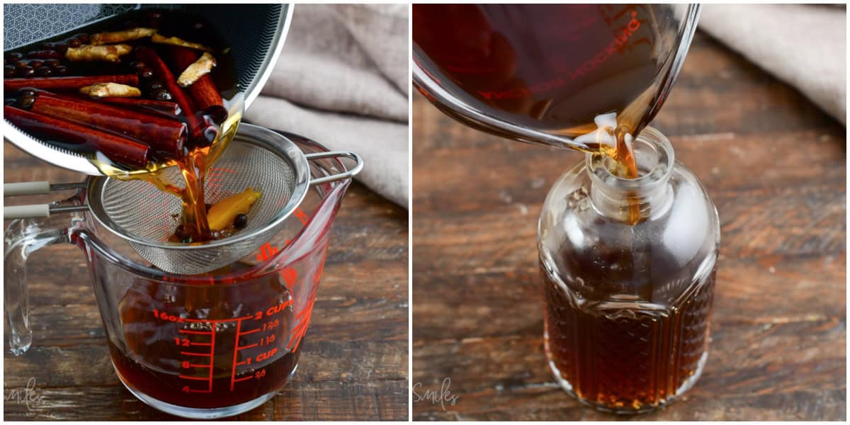 collage of two images of draining spices from syrup and pouring syrup into a bottle.