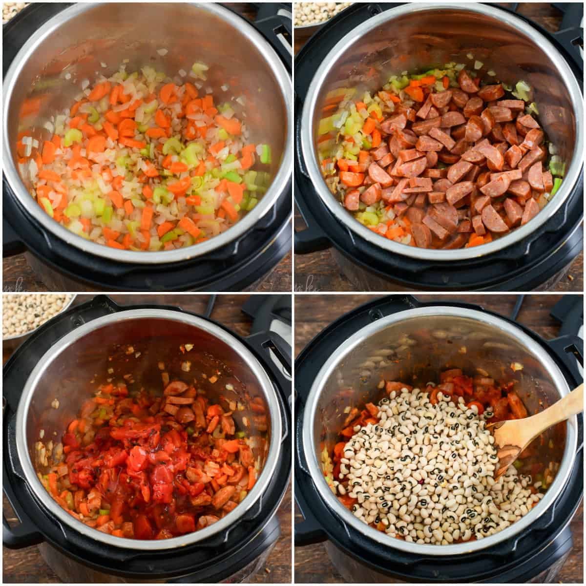 four images showing cooking steps to sauté diced veggies and add spicy sausage, tomatoes, and dried black eyed peas.