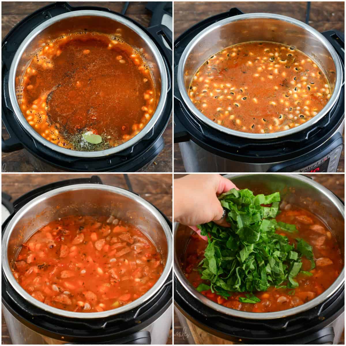 four images of cooking steps to finish preparing the soup in the Instant pot before and after cooking and adding collar greens in the end.
