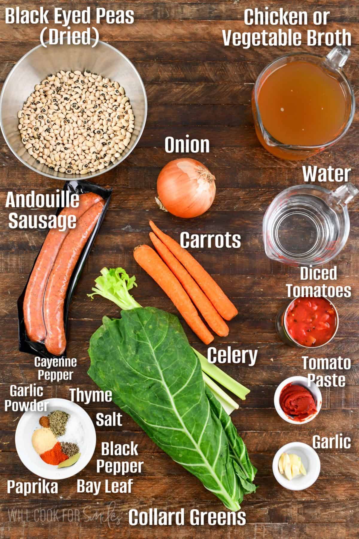 labeled ingredients measured out on the wooden background ready to make the black eye pea soup.