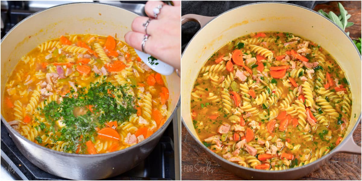 collage of two images of finishing the soup with fresh herbs and finished soup in a pot.