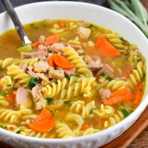 Turkey noodle soup made with leftover Thanksgiving turkey, veggies, and fresh herbs.