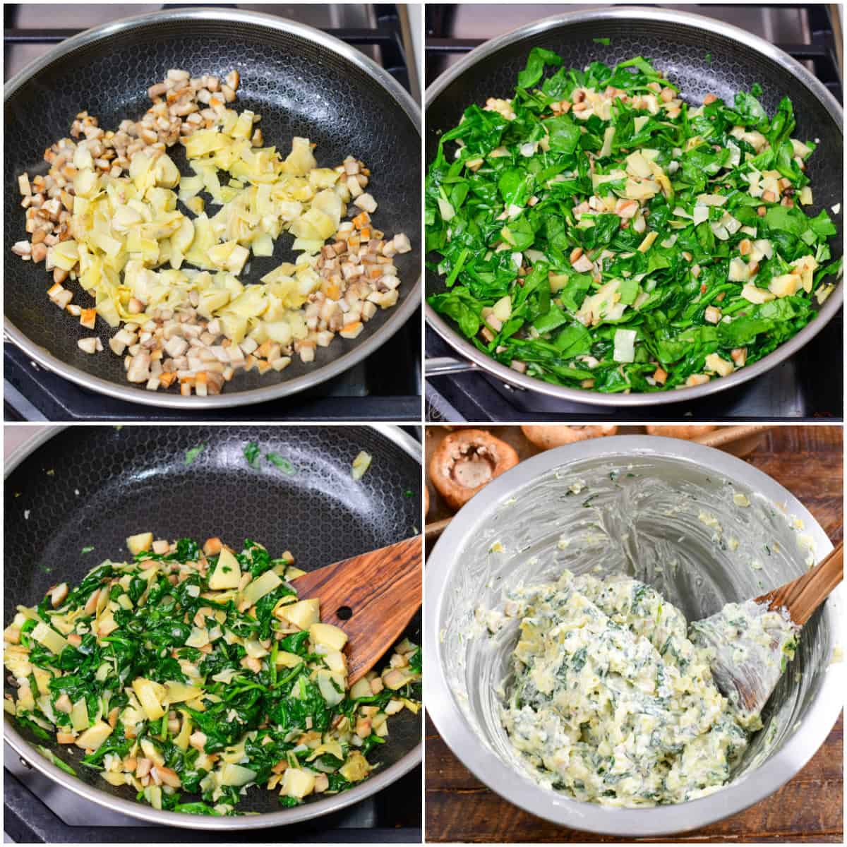 four images of steps to cook the mushrooms and artichokes first then adding spinach to cook until wilted then mixing with cream cheese.
