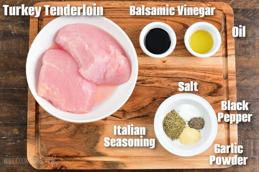 labeled simple ingredients to make balsamic turkey tenderloin roasted in the oven.