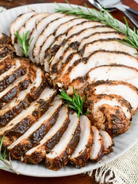 sliced turkey tenderloins baked in a balsamic mixture until done but still moist and tender.