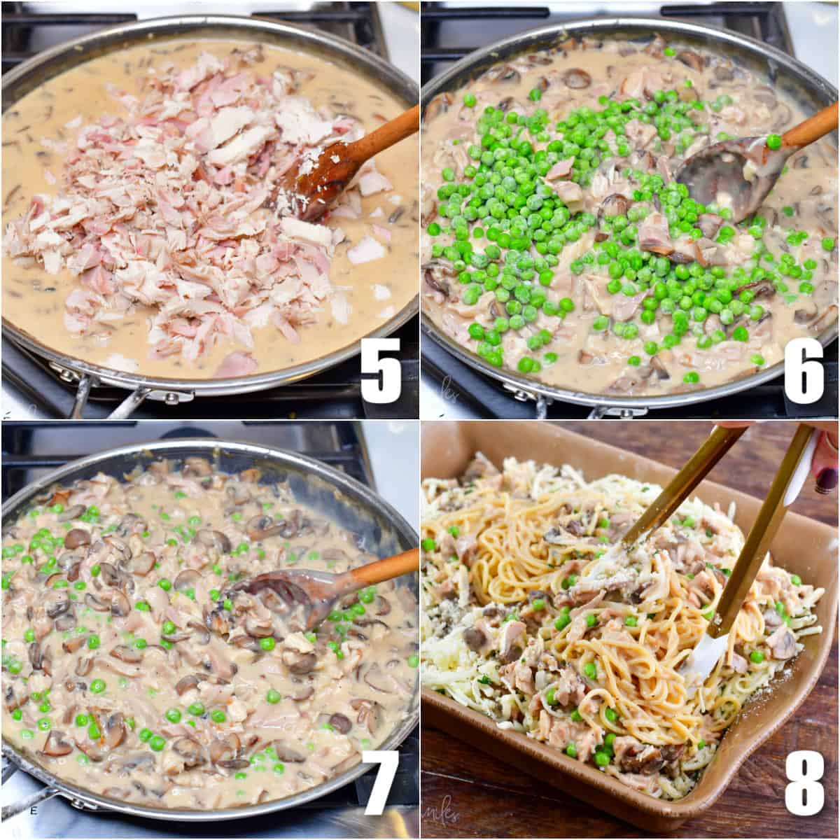 Collage of four images of adding the turkey, veggies to the sauce and putting it in a baking dish with pasta and cheese.