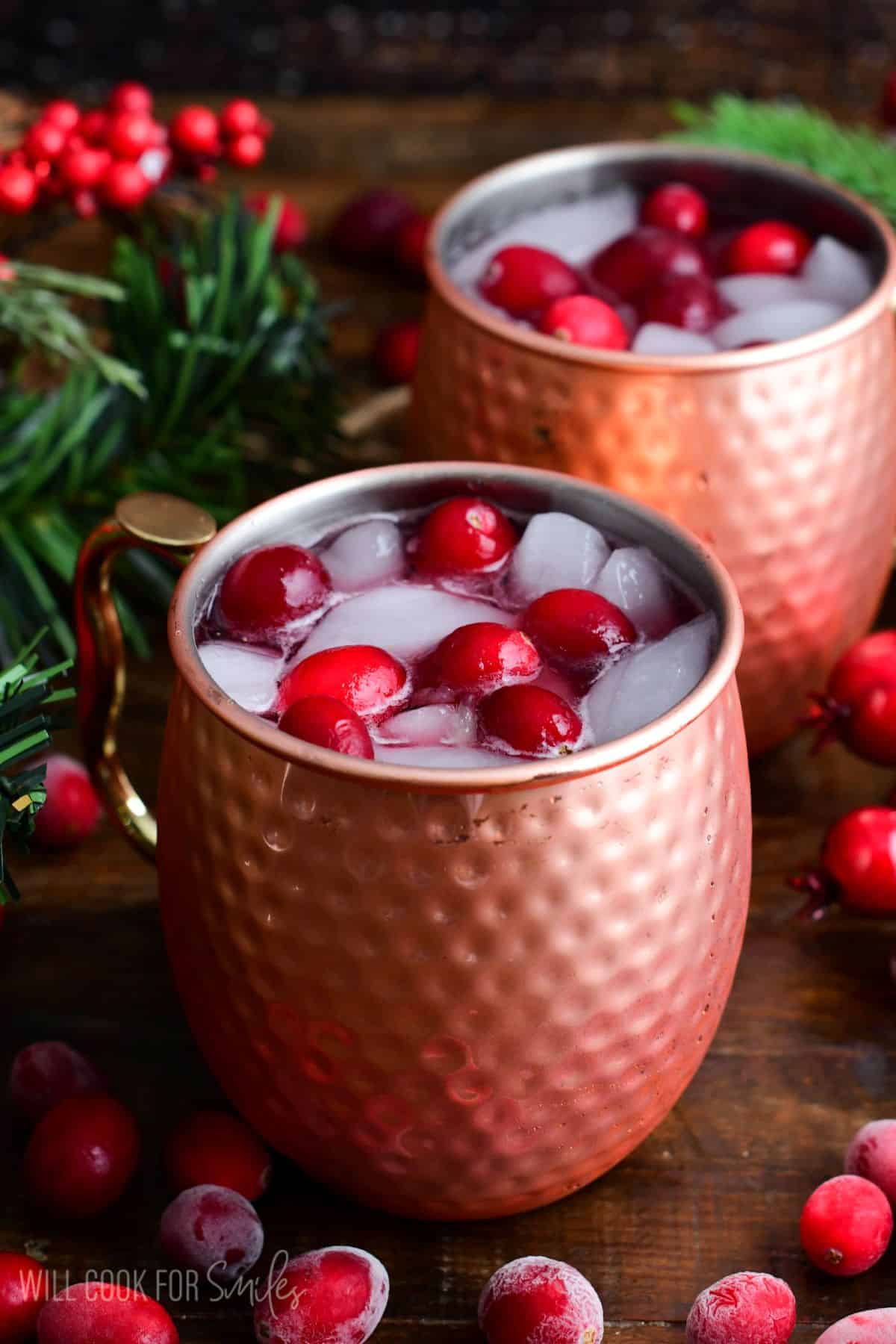 Two copper mugs with cranberry Moscow Mule with fresh cranberries and ice.