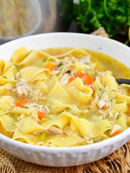 Bowl of homemade chicken noodle soup with carrots, celery, and tender noodles with a spoon.