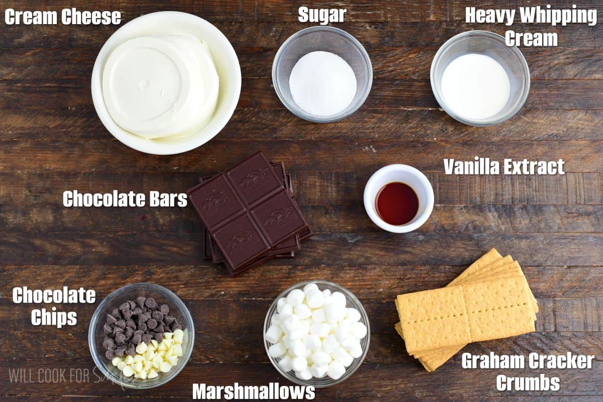 ingredients to make the warm, smooth and creamy chocolate cheesecake dip.