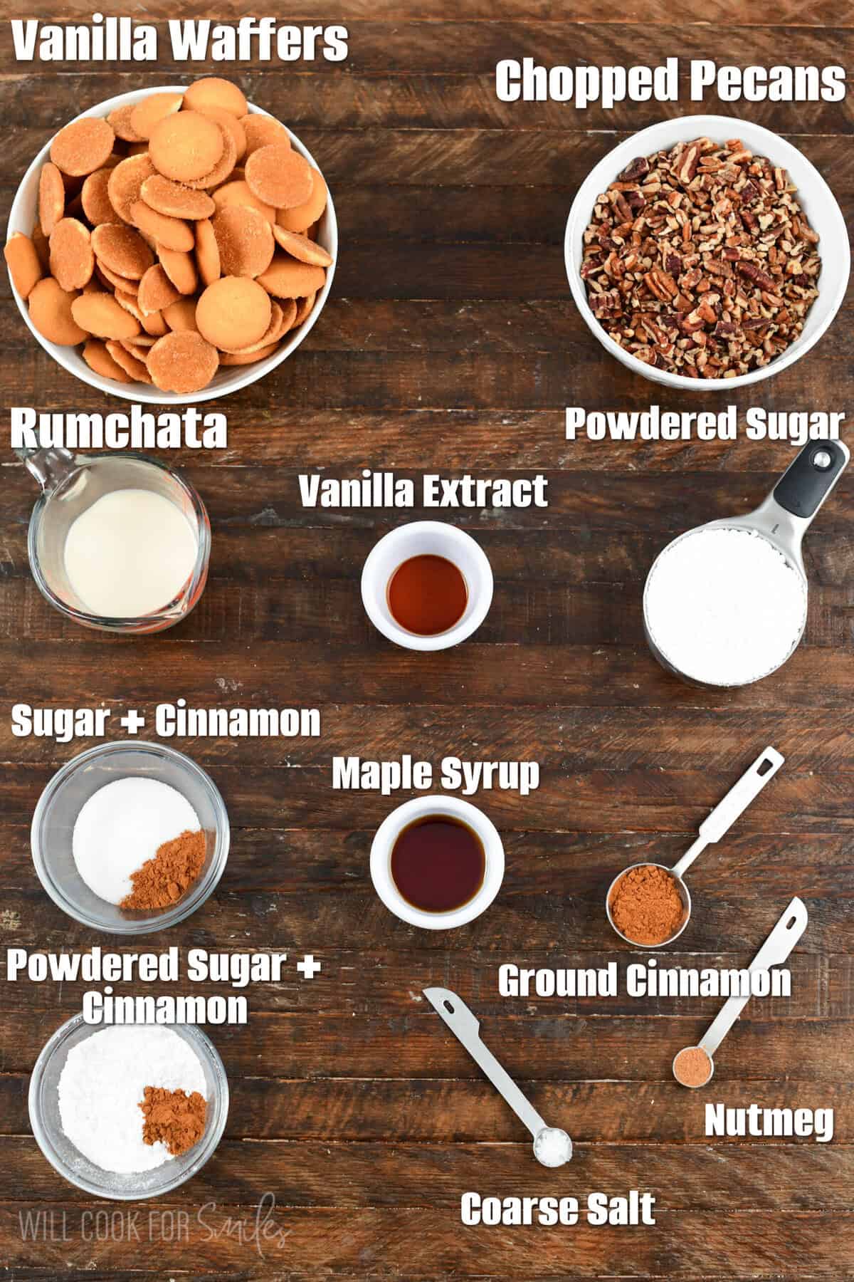 labeled ingredients for Rumchata Rum Balls on a wood surface.
