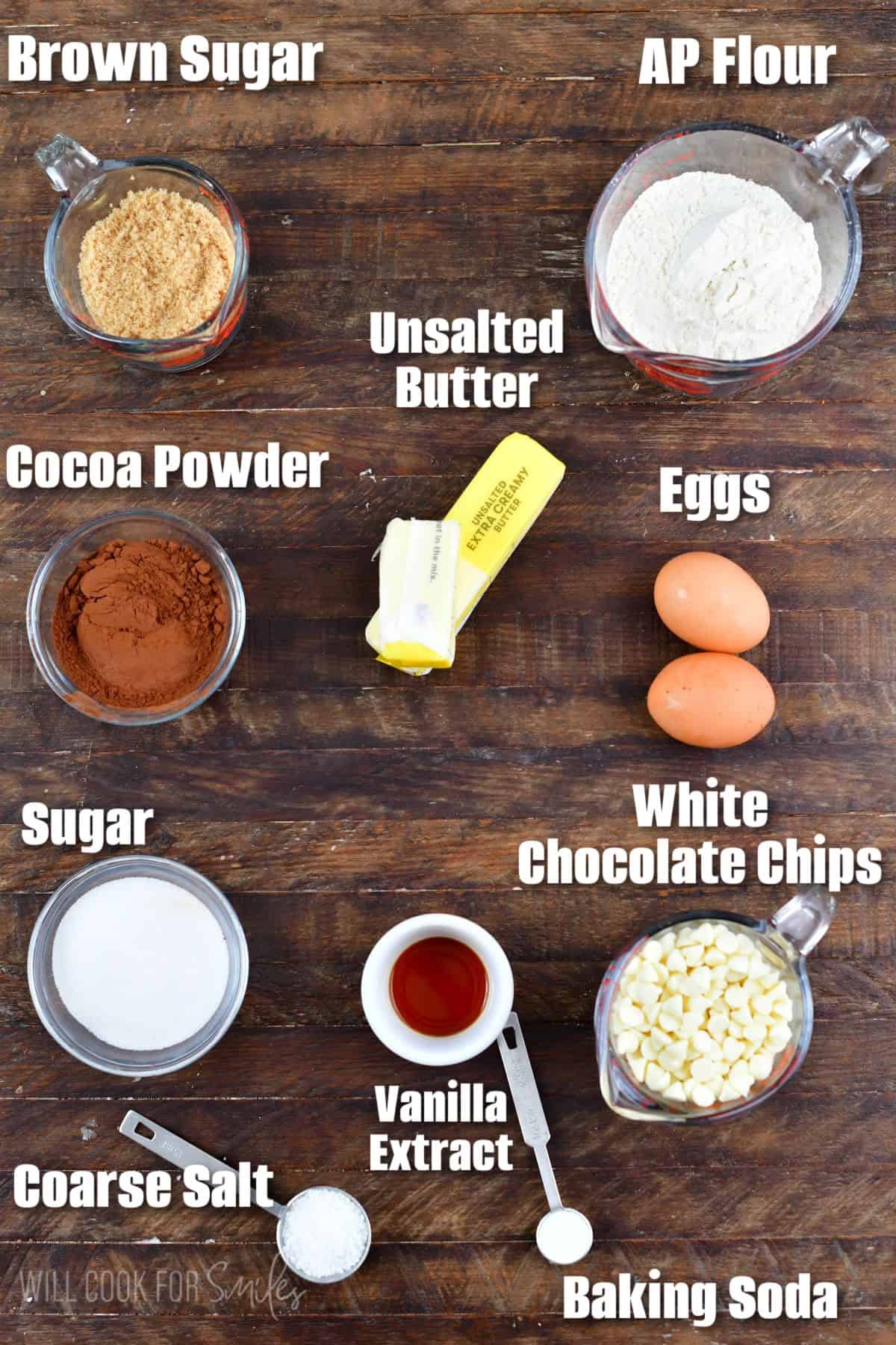 labeled ingredients to make chocolate brown butter cookies with white chocolate chips.