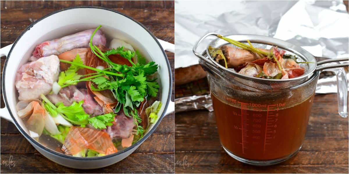 Collage of two images of making stock, turkey backbone in pot with veggies and the stock drained into a a measuring cup.