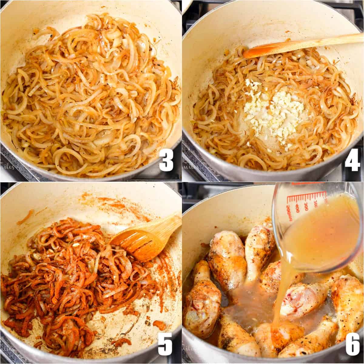collage of four images of searing onions, garlic, and paprika then adding chicken and stock.