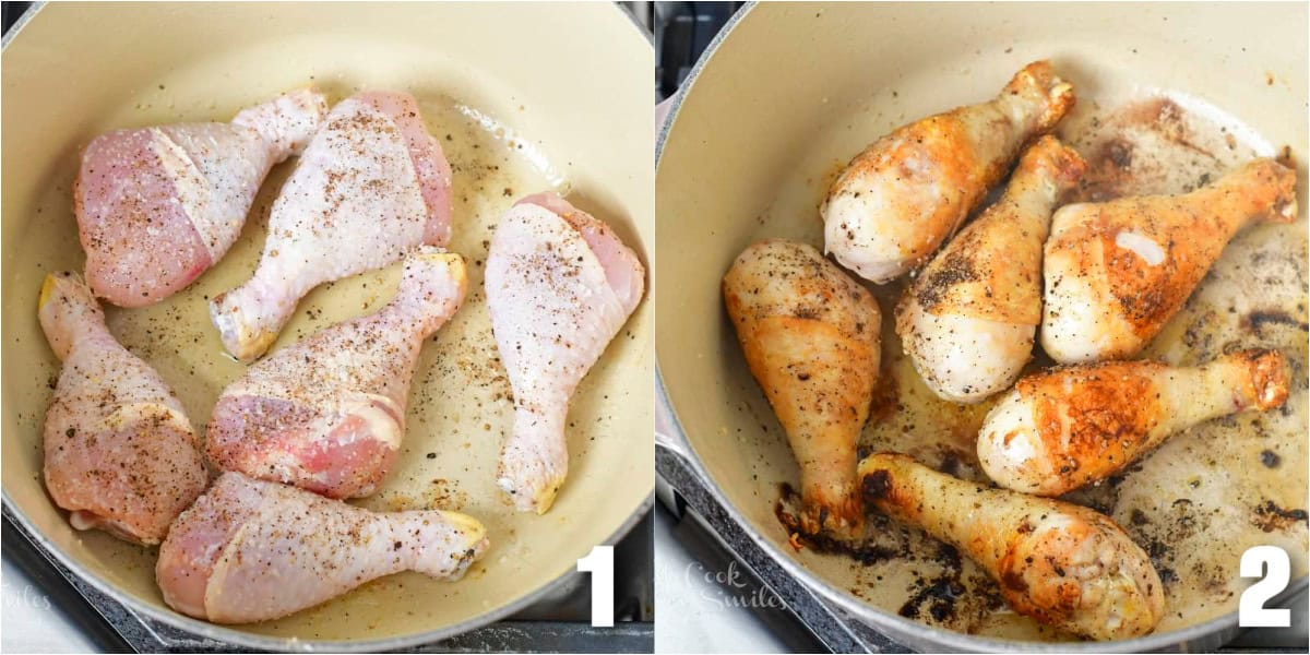 two image collage of searing chicken in the Dutch oven.
