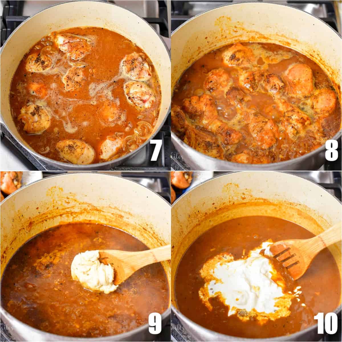 collage of four images of slowly cooking chicken in paprika broth and then thickening and adding sour cream.