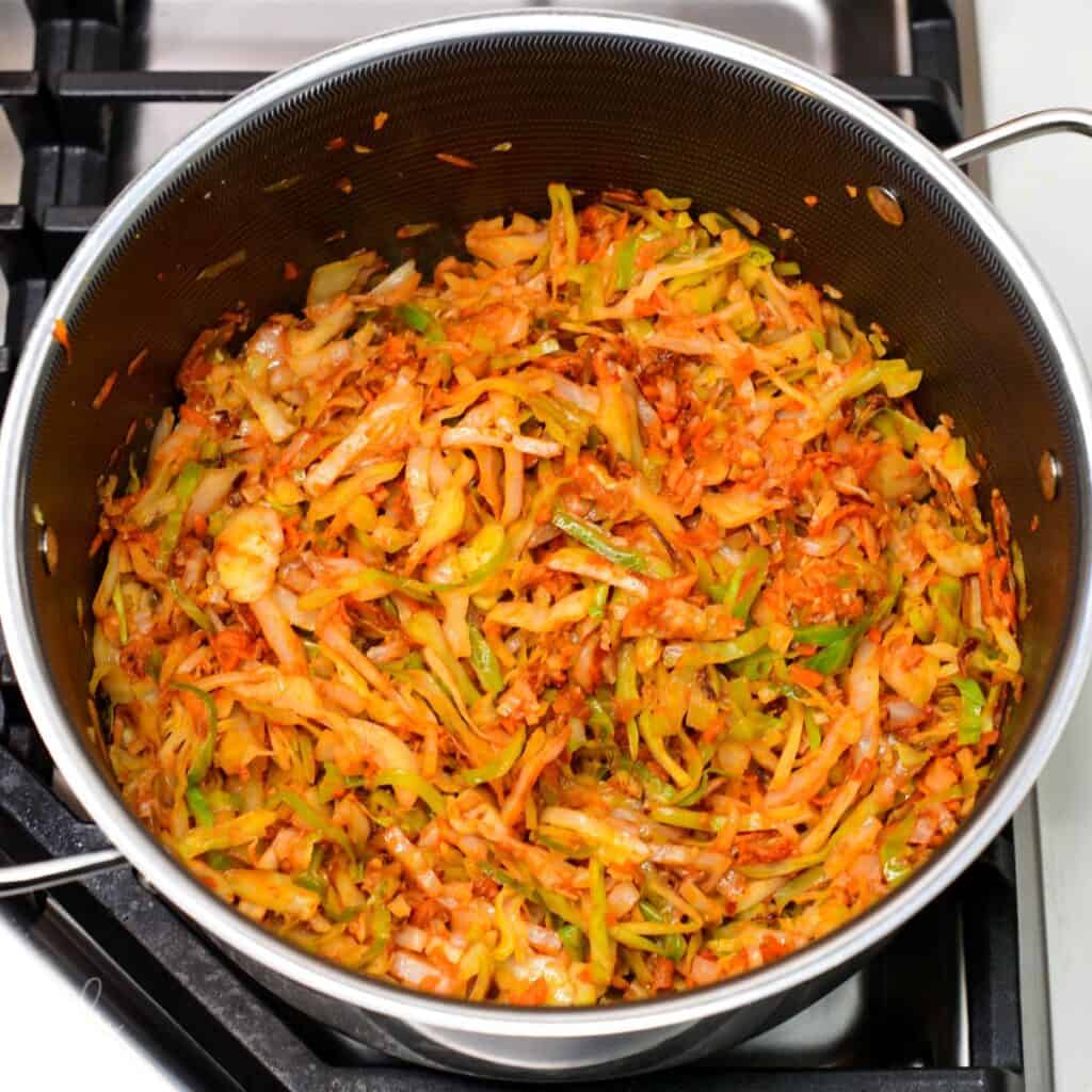 cabbage and vegetables mixed with tomato paste in a pot.