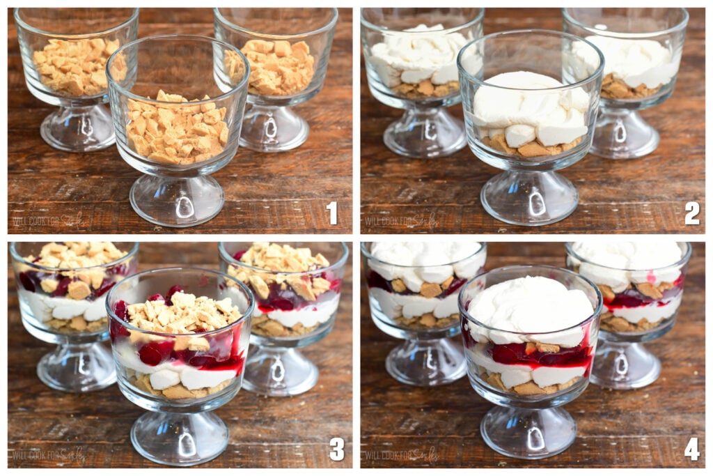 Step-by-step collage of four images showing layers of crushed cookies, cheesecake filling, cherry topping, and whipped cream assembled in glass dessert cups for no-bake cherry cheesecake parfaits.