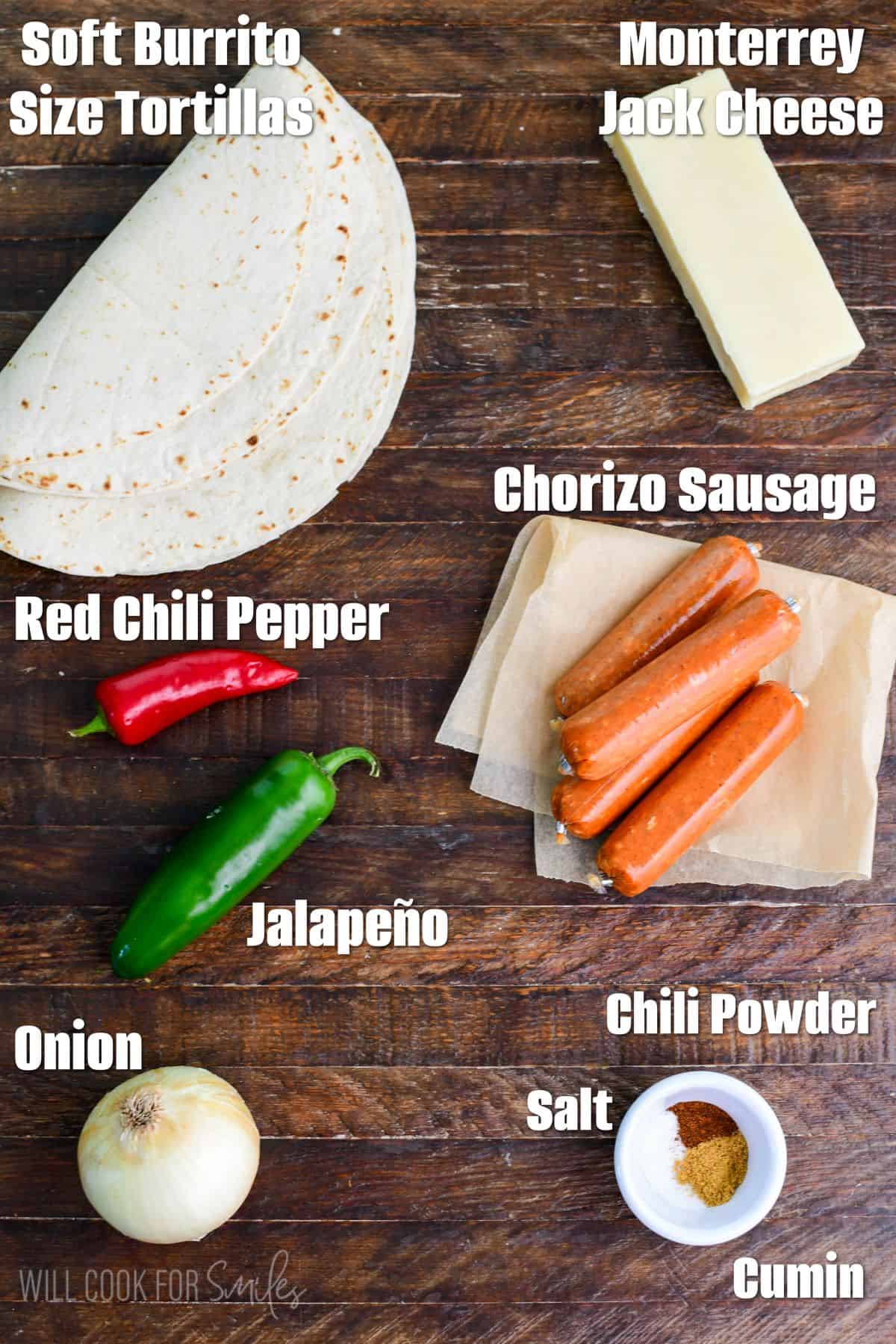 Labeled ingredients for Chorizo Quesadilla on a wood surface.