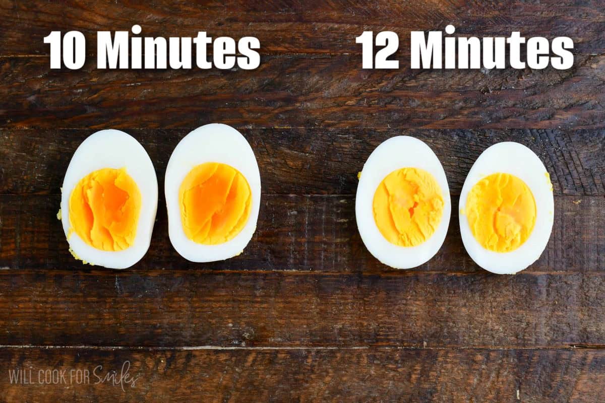 Comparison of halved hard-boiled eggs arranged on a wooden surface, showing different yolk doneness from slightly soft to fully set.