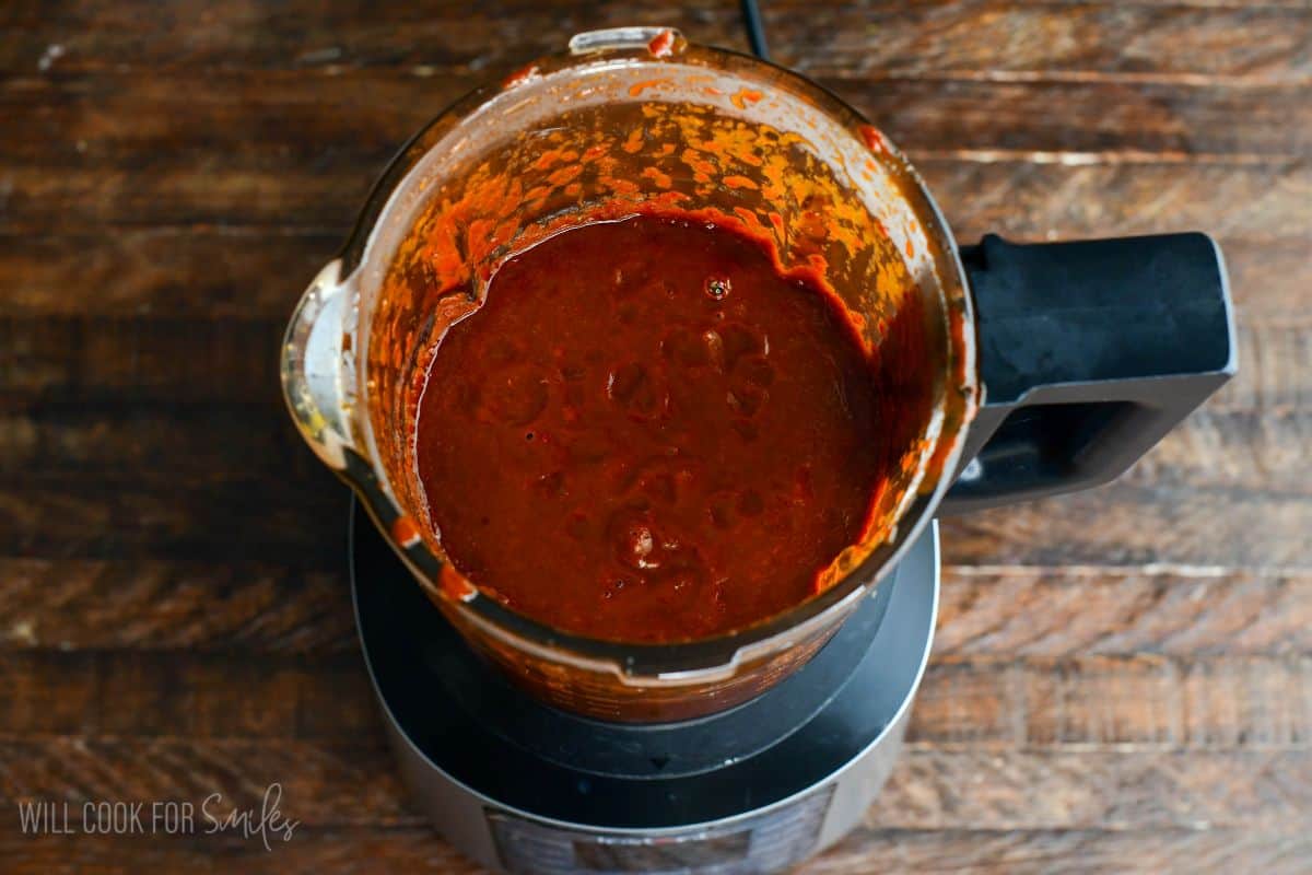 blended chili sauce for the shredded braised short ribs in the blender.